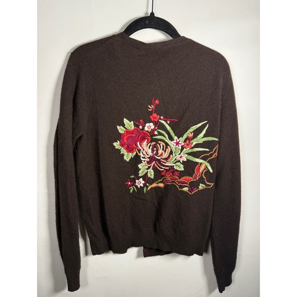 Brown Embroidered Floral Cardigan Sweater Women's Long Sleeve‎ Button Up Med - Picture 4 of 7
